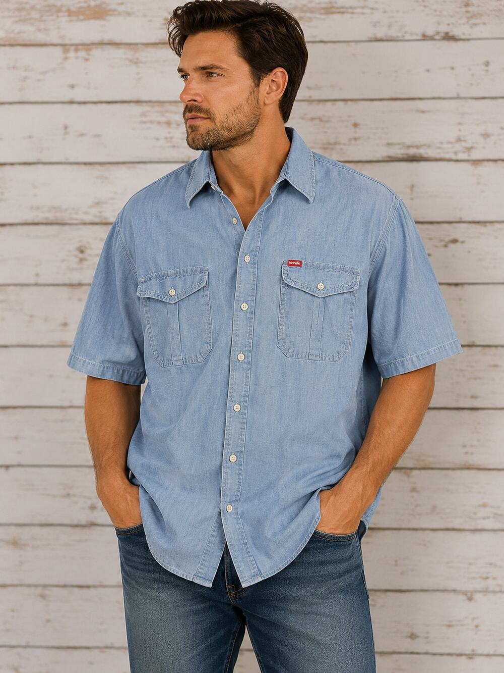Wrangler Men’s 2XL Chambray Shirt Blue Short Sleeve Western Workwear Button Up